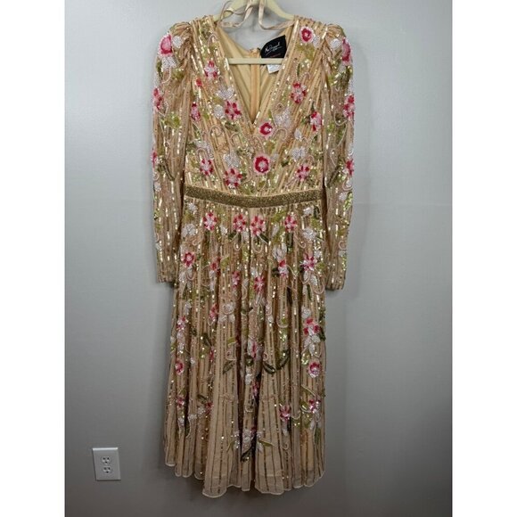 Mac Duggal 5415 Floral Tea Length Dress Sequin Beadwork Long Sleeve Size 8 NWT - Picture 4 of 13